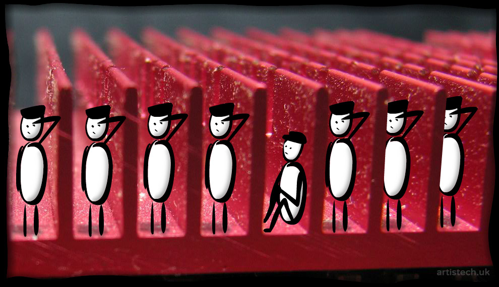 Cartoon figures standing guard in a heat sync
